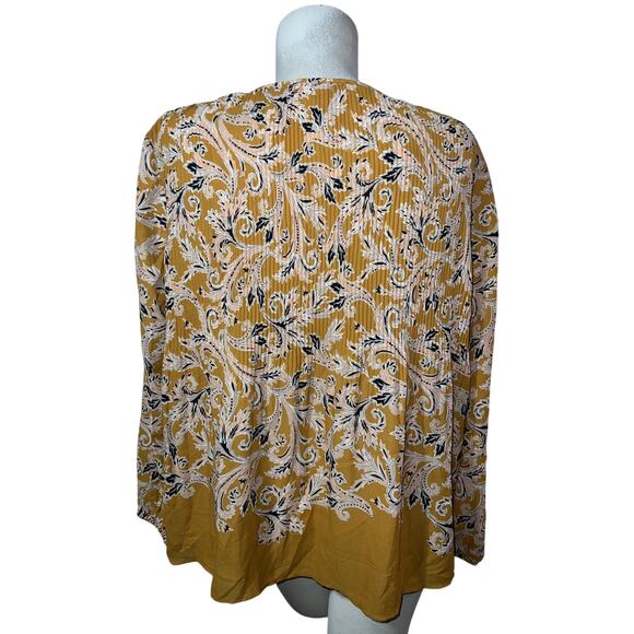 DR2 Top Size L Yellow Floral Accordion Pleats Long Sleeve Lightweight Blouse - Picture 5 of 11